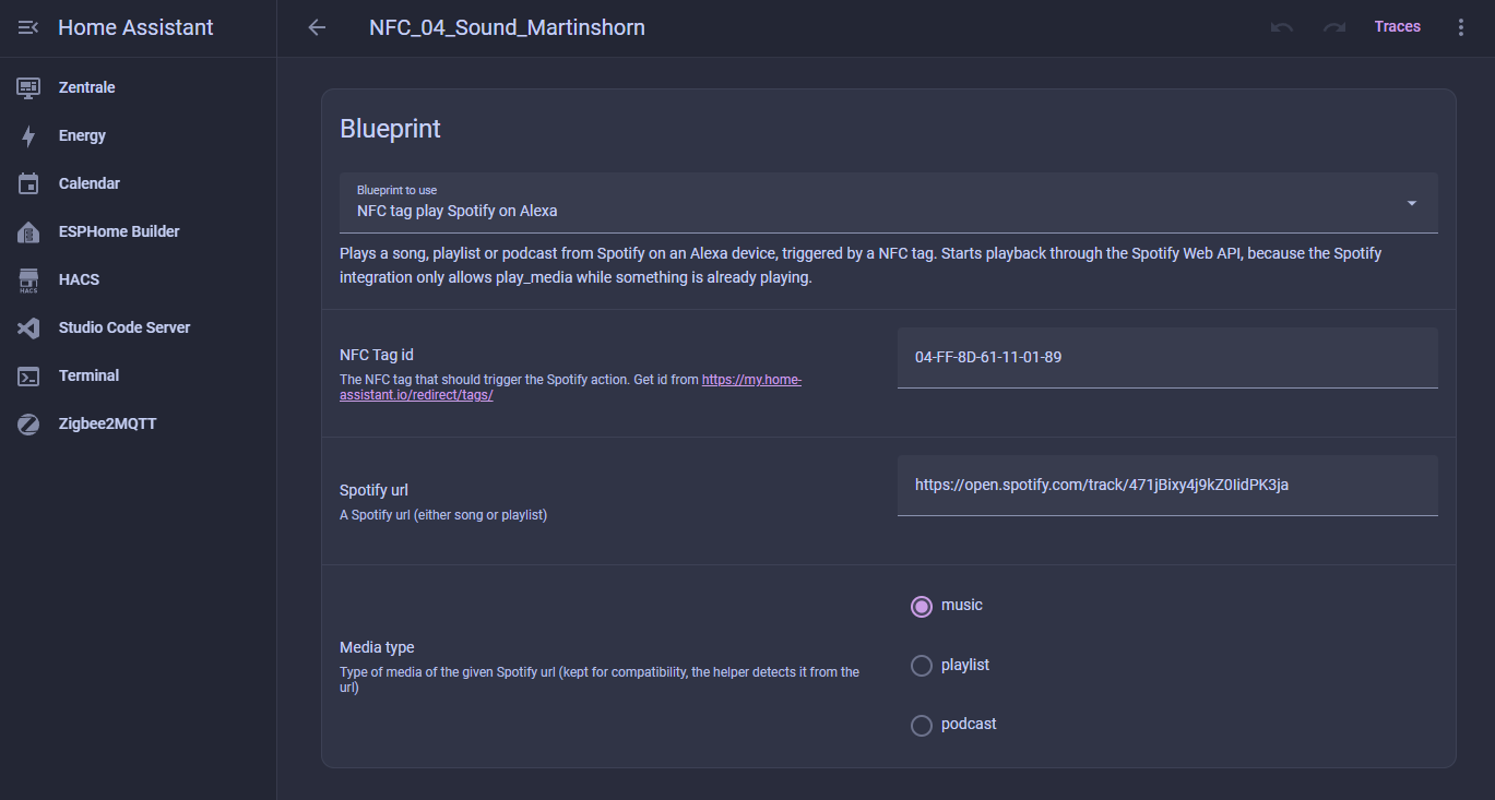 Wie ich Spotify auf jeder Alexa in Home Assistant starte Die NFC-Automation mit dem Blueprint und den drei Eingabefeldern.
