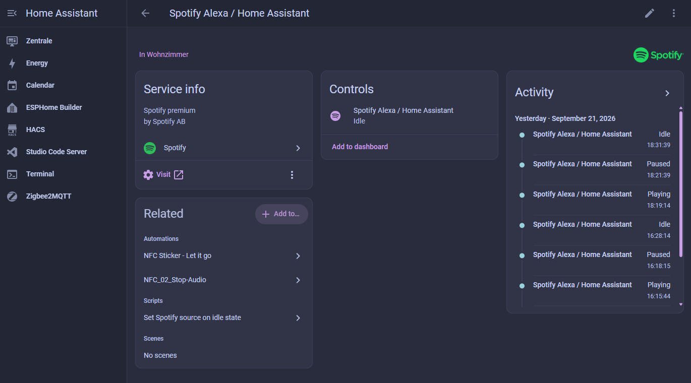 Wie ich Spotify auf jeder Alexa in Home Assistant starte Die Spotify-Integration mit Service-Informationen, Bedienelementen und dem Bereich Related.