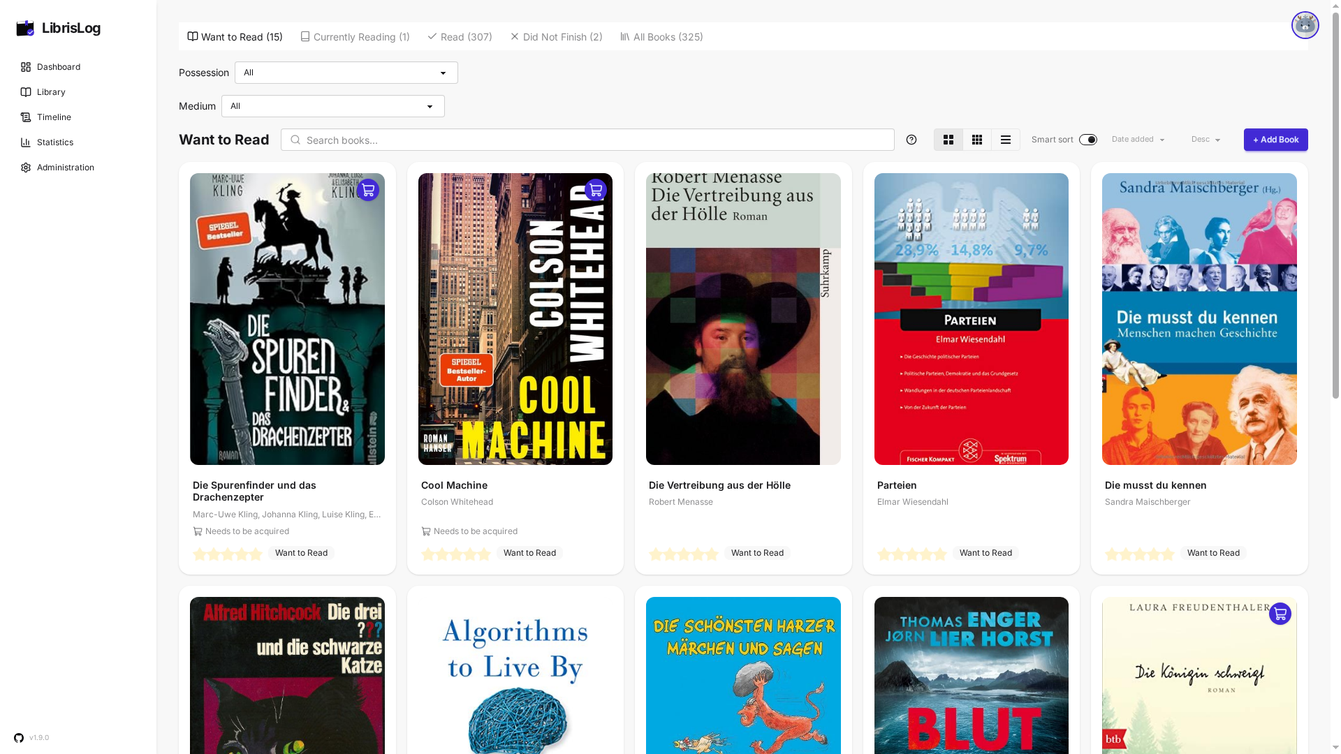 LibrisLog 1.9.0 Bibliothek mit Medium-Filtern und Sortierung